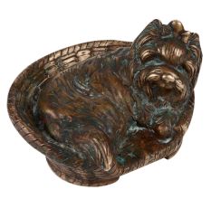 Brass Yorkshire Terrier Dog Sitting In A Basket Statue