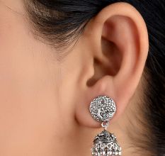 92.5 Sterling Silver Earrings Intricate Carved Peacock Stud Jhumkis