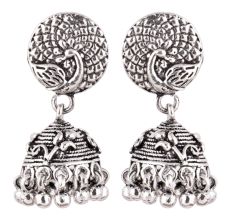 92.5 Sterling Silver Earrings Intricate Carved Peacock Stud Jhumkis