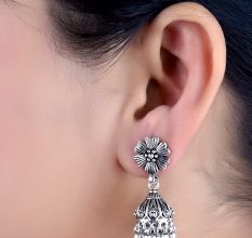 92.5 Sterling Silver Earrings Oxidized Flower Stud Tribal Jhumka/Jhumki With Silver Beads