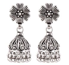 92.5 Sterling Silver Earrings Oxidized Flower Stud Tribal Jhumka/Jhumki With Silver Beads
