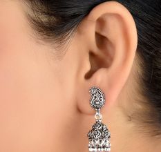 92.2 Sterling Silver Earrings Rose And Paisley Engraved Jhumkis