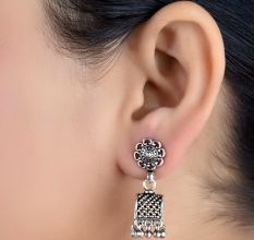 92.5 Sterling Silver Earrings Semi Circle Black Embossed Dotted Jhumki