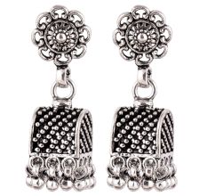 92.5 Sterling Silver Earrings Semi Circle Black Embossed Dotted Jhumki