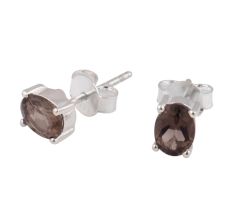 92.5 Sterling Silver Minimal Earrings  Smoky Quartz Cut Stone Stud Earrings