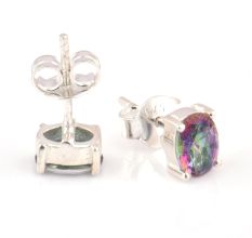 92.5 Sterling Silver Mystic Topaz Cut Stone Semi Precious Stud Earrings