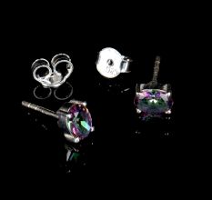 92.5 Sterling Silver Mystic Topaz Cut Stone Semi Precious Stud Earrings