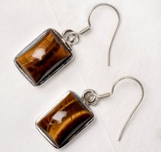 92.5 Sterling Silver Earrings Square Contemporary Tiger Eye Hanging Hook Earrings