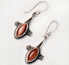 92.5 Sterling Silver Earrings Sun Stone Fish Design Dangler Drop Earrings