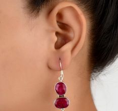 92.5 Sterling Silver Earrings Twin Oval Designer Pink Tourmaline Dangler Drop Earrings