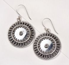 92.5 Sterling Silver Earrings Round Engraved Oxidized Dangler Earrings