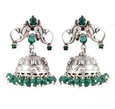 92.5 Sterling Silver Earrings Twin Peacock Oxidised Green Onyx Jhumki Earrings