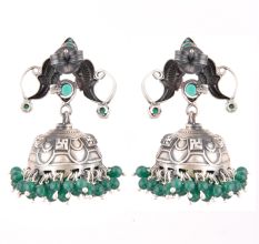 92.5 Sterling Silver Earrings Twin Peacock Oxidised Green Onyx Jhumki Earrings