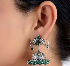 92.5 Sterling Silver Earrings Twin Peacock Oxidised Green Onyx Jhumki Earrings