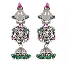 92.5 Sterling Silver Earrings Long Intricate Pink Tourmaline And Green Onyx Studded Jhumkas