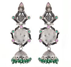 92.5 Sterling Silver Earrings Long Intricate Pink Tourmaline And Green Onyx Studded Jhumkas