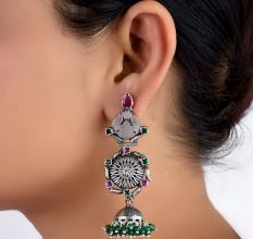 92.5 Sterling Silver Earrings Long Intricate Pink Tourmaline And Green Onyx Studded Jhumkas