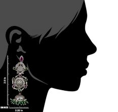 92.5 Sterling Silver Earrings Long Intricate Pink Tourmaline And Green Onyx Studded Jhumkas