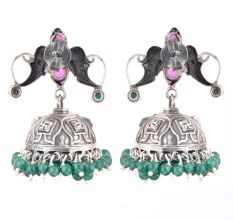 92.5 Sterling Silver Earrings Twin Peacock Pink Tourmaline And Green Agate Beads Jhumkis