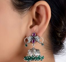 92.5 Sterling Silver Earrings Twin Peacock Pink Tourmaline And Green Agate Beads Jhumkis