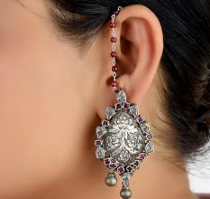 Sterling 92.5 Silver Earring Pink Tourmaline Chain Beaded Jhumkis