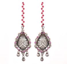 Sterling 92.5 Silver Earring Pink Tourmaline Chain Beaded Jhumkis