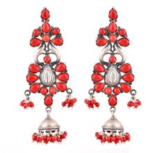 92.5 Stling Silver Earrings Dangler Jhumkis With Red Coral Stones