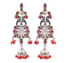 92.5 Stling Silver Earrings Dangler Jhumkis With Red Coral Stones