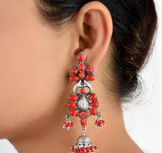 92.5 Stling Silver Earrings Dangler Jhumkis With Red Coral Stones