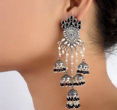 92.5 Sterling Silver Earrings Bahubali Four Layered Black Onyx Beads Jhumki  Earring