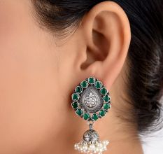 Traditional 92.5 Sterling Silver Earrings Fancy Designer Green Onyx Stone Oxidized Jhumki Earrings