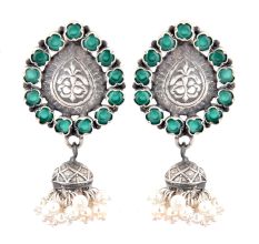 Traditional 92.5 Sterling Silver Earrings Fancy Designer Green Onyx Stone Oxidized Jhumki Earrings