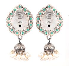 Traditional 92.5 Sterling Silver Earrings Fancy Designer Green Onyx Stone Oxidized Jhumki Earrings