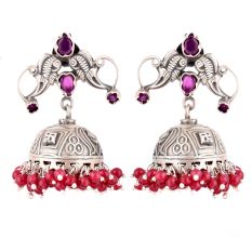 92.5 Sterling Silver Earrings Twin Peacock Oxidized Pink Tourmaline Jhumki Earrings