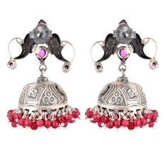 92.5 Sterling Silver Earrings Twin Peacock Oxidized Pink Tourmaline Jhumki Earrings