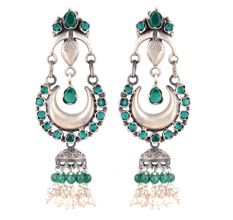 92.5 Sterling Silver Earrings Chandbali Green Onyx Studded Long Jhumki Earrings