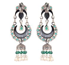 92.5 Sterling Silver Earrings Chandbali Green Onyx Studded Long Jhumki Earrings