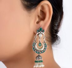 92.5 Sterling Silver Earrings Chandbali Green Onyx Studded Long Jhumki Earrings