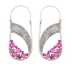 92.5 Sterling Silver Earrings Boho pink Tourmaline Semi precious Stones and Floral band