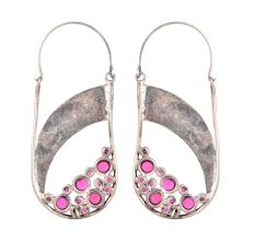 92.5 Sterling Silver Earrings Boho pink Tourmaline Semi precious Stones and Floral band
