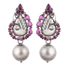 92.5 Sterling Silver Peacock Engraved Pink Tourmaline studded Ball Drop Earrings