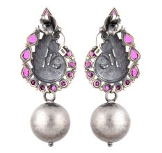 92.5 Sterling Silver Peacock Engraved Pink Tourmaline studded Ball Drop Earrings