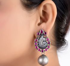 92.5 Sterling Silver Peacock Engraved Pink Tourmaline studded Ball Drop Earrings