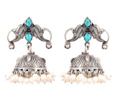 92.5 Sterling Silver Earrings Twin Peacock Oxidized Turquoise Jhumki Earrings