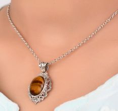 92.5 Sterling Silver Tiger Eye Stone Brown Unisex Pendant