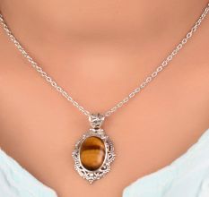92.5 Sterling Silver Tiger Eye Stone Brown Unisex Pendant