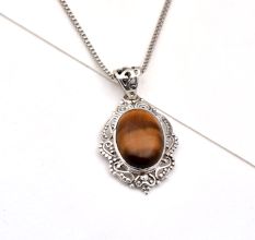 92.5 Sterling Silver Tiger Eye Stone Brown Unisex Pendant