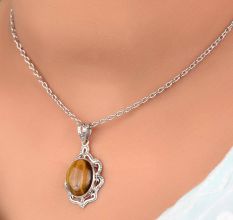 92.5 Sterling Silver Tiger Eye Pendant Statement Jewelry Oval Stone Designer Pendant