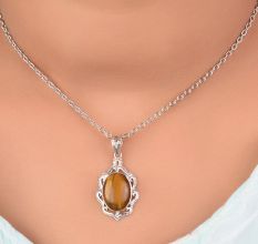 92.5 Sterling Silver Tiger Eye Pendant Statement Jewelry Oval Stone Designer Pendant