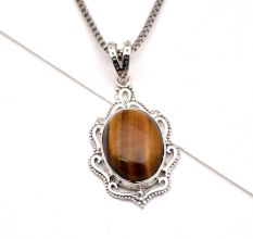 92.5 Sterling Silver Tiger Eye Pendant Statement Jewelry Oval Stone Designer Pendant